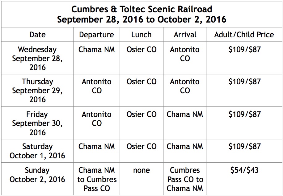 Contact the Cumbres & Toltec Scenic Railroad (1-888-286-2737) for more information and help with booking tickets. cumbrestoltec.com