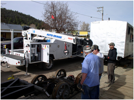 Skanska’s crew placed the rebuilt truck on the rails with this boom truck. This wheel set weighs about 1,500 pounds!