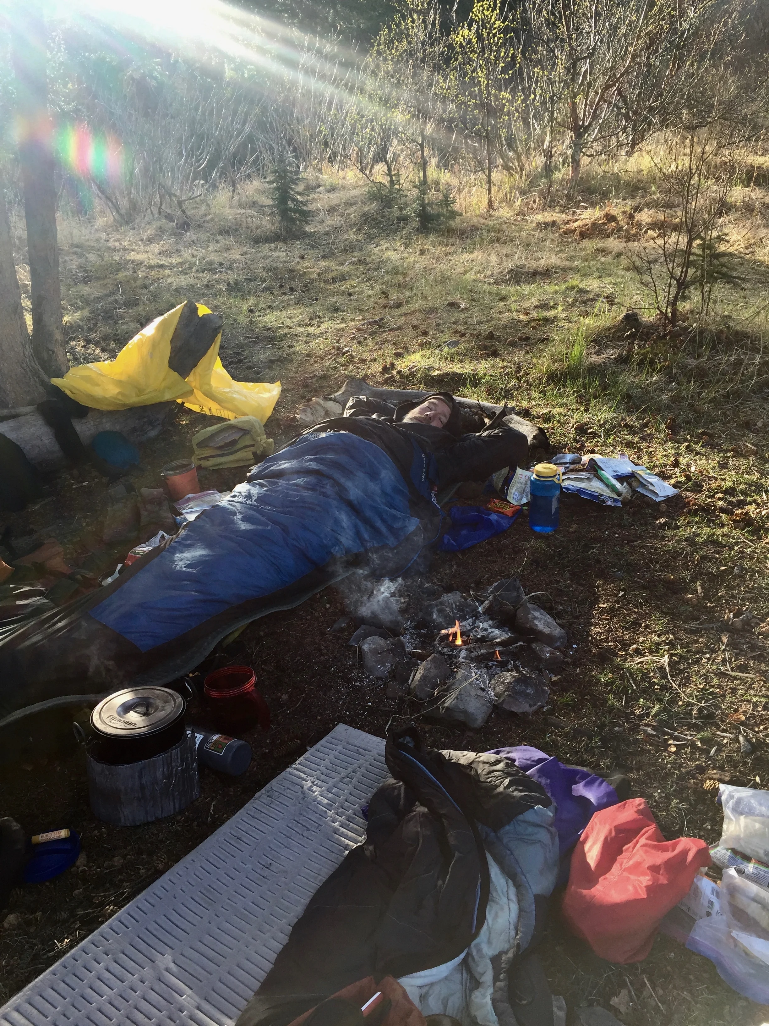 Bivouac between Pass and Fox Creek on the Resurrection Pass trail. We forgot that our paddle was our tent pole when we gave Joel our packrafts. It didn't matter because the weather was great