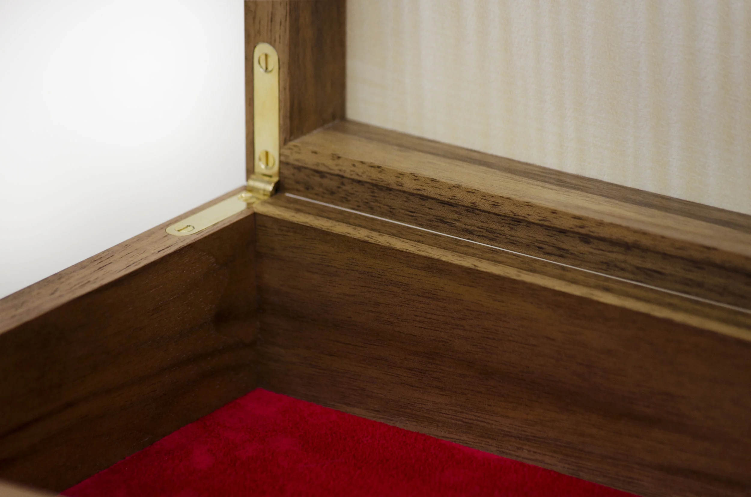  Beautifully crafted solid brass stop hinges let the lid rest open just past 90 degrees. 