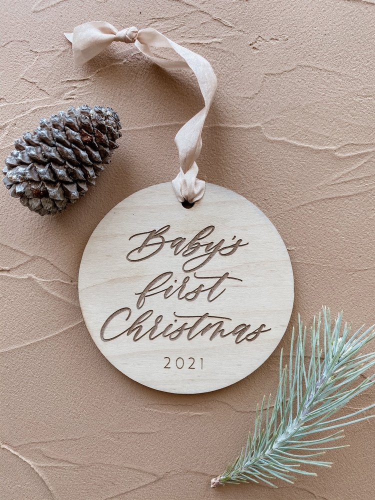 2021 Wood Calligraphy 'Baby's First Christmas' Ornament — Fawn