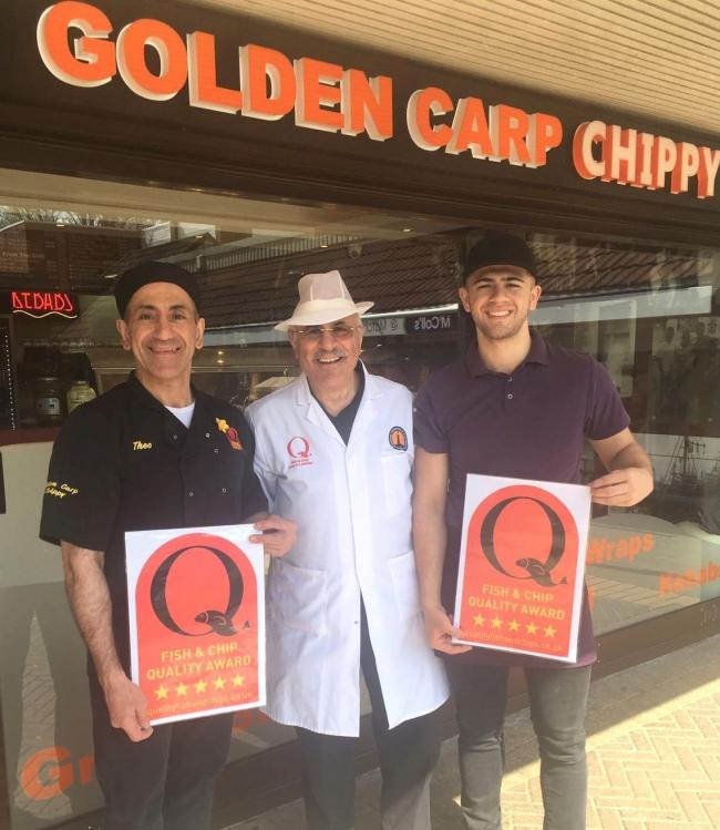 Golden Carp Fish Bar Owner Theo Ellinas, NFFF Quality Award assessor Michael Pili, and George Ellinas.