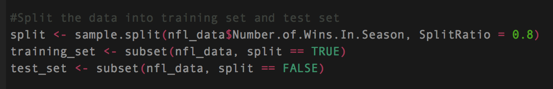 - Here we take a sampled amount of the number of wins in the seasons and give it a split ratio of 80% - That data is then turned into a subset called training_set - Anything that was not a part of the 80% will be stored into a subset called test_set