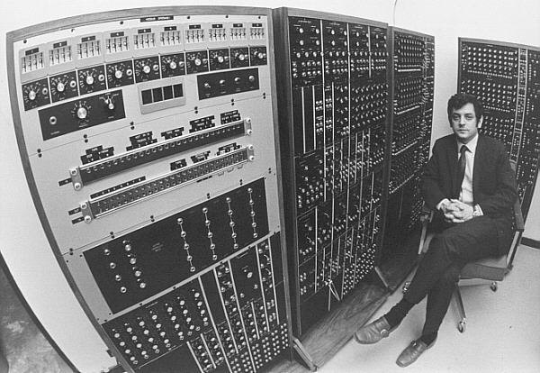 Photo of Chadabe next to CEMS Synth by Warren Bur