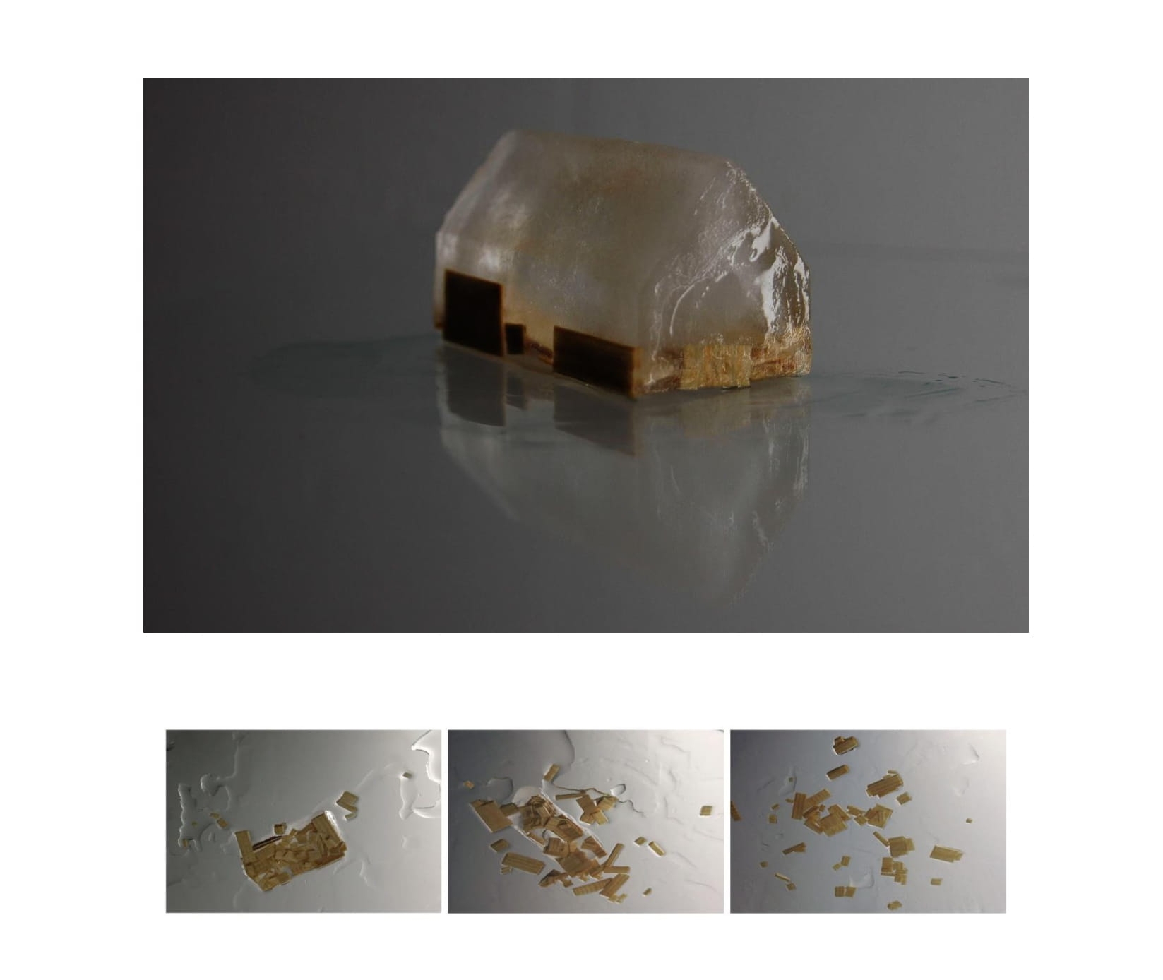 MOVING OUT Ephemeral sculpture made of ice with trapped pieces of furniture. Based on a deambulant reality of common migration between spaces, moving out becomes the metaphorical action of gradually releasing the pieces of disintegration of the house shape. When we move out somewhere new, we often think about the new place we are heading but not so much about what was left behind. 