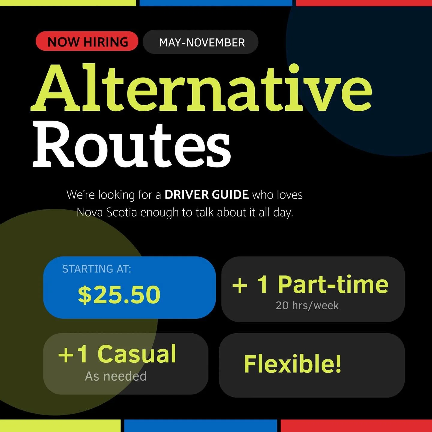 We&rsquo;re hiring 👀

Not a sit-at-a-desk kind of job.

More like: driving along the coast, meeting people from all over the world, and getting paid to talk about Nova Scotia all day.

If you&rsquo;ve ever thought &ldquo;I could do that better than 