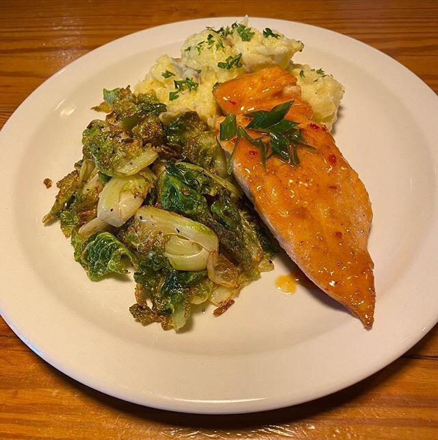 Sweet Chili Salmon: Atlantic salmon hard-seared and glazed with an Asian sweet chili sauce. Served with Yukon Gold mashed potatoes and Brussels sprouts! You heard it here first. ABC chef Burgie special!