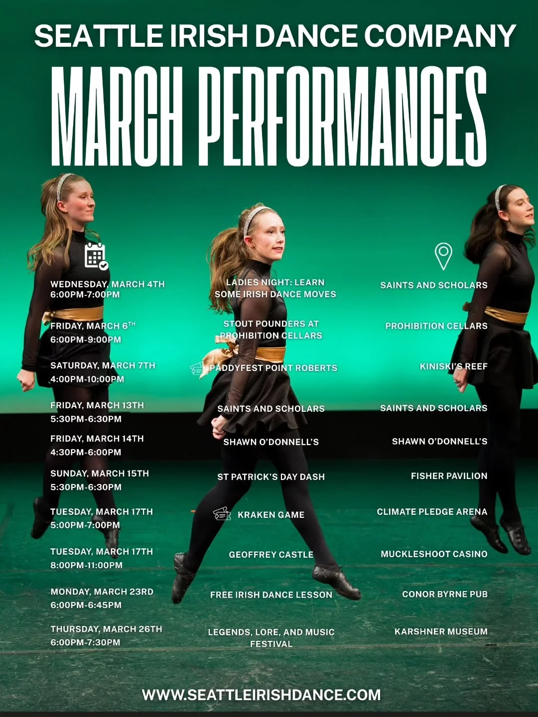 🍀✨ March is HERE and so is performance season! ✨🍀

The Seattle Irish Dance Company is bringing high-energy Irish dance all across the Pacific Northwest this month &mdash; from pubs and festivals to the ice rink and beyond!

Here&rsquo;s where you c