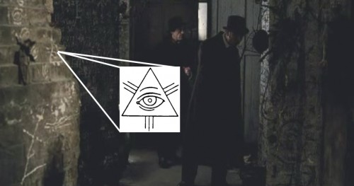 OCCULT SCRAWL AND SYMBOLIC ICONOGRAPHY HANDCARVED ONTO THE SURFACES OF ENTIRE SET WALLS