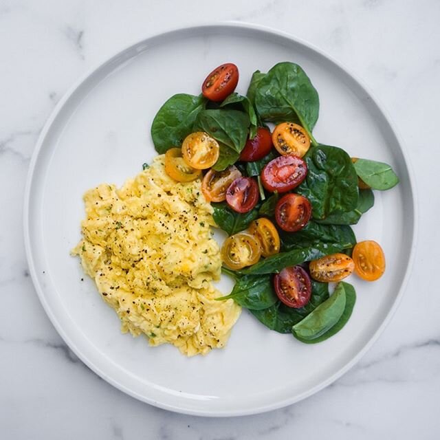 Quick breakfasts are the best breakfasts. 
Eggs scrambled in leftover scallion-garlic butter, balsamic marinated tomatoes over spinach. Dassit.