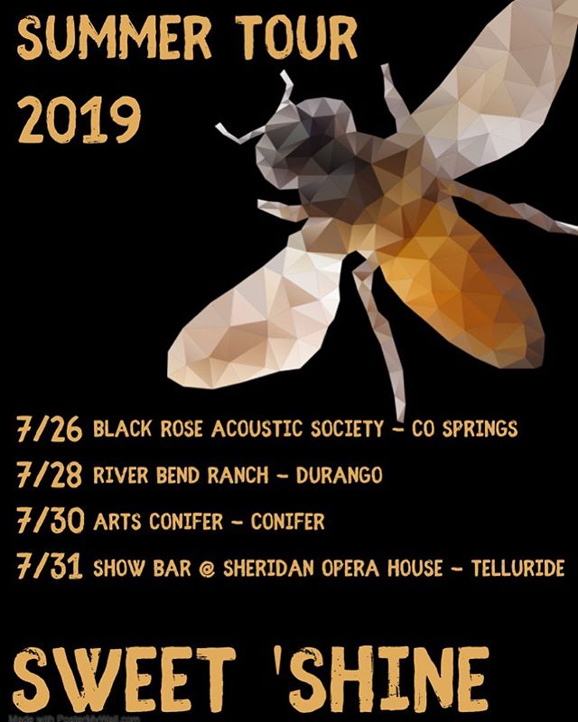 Hitting the road in a couple weeks for a run up to Colorado! Tag your friends and come see us! #sweetshine #texgrass #beekind #queenbee #telluride #cosprings #coniferco #durango @riverbendranchdurango