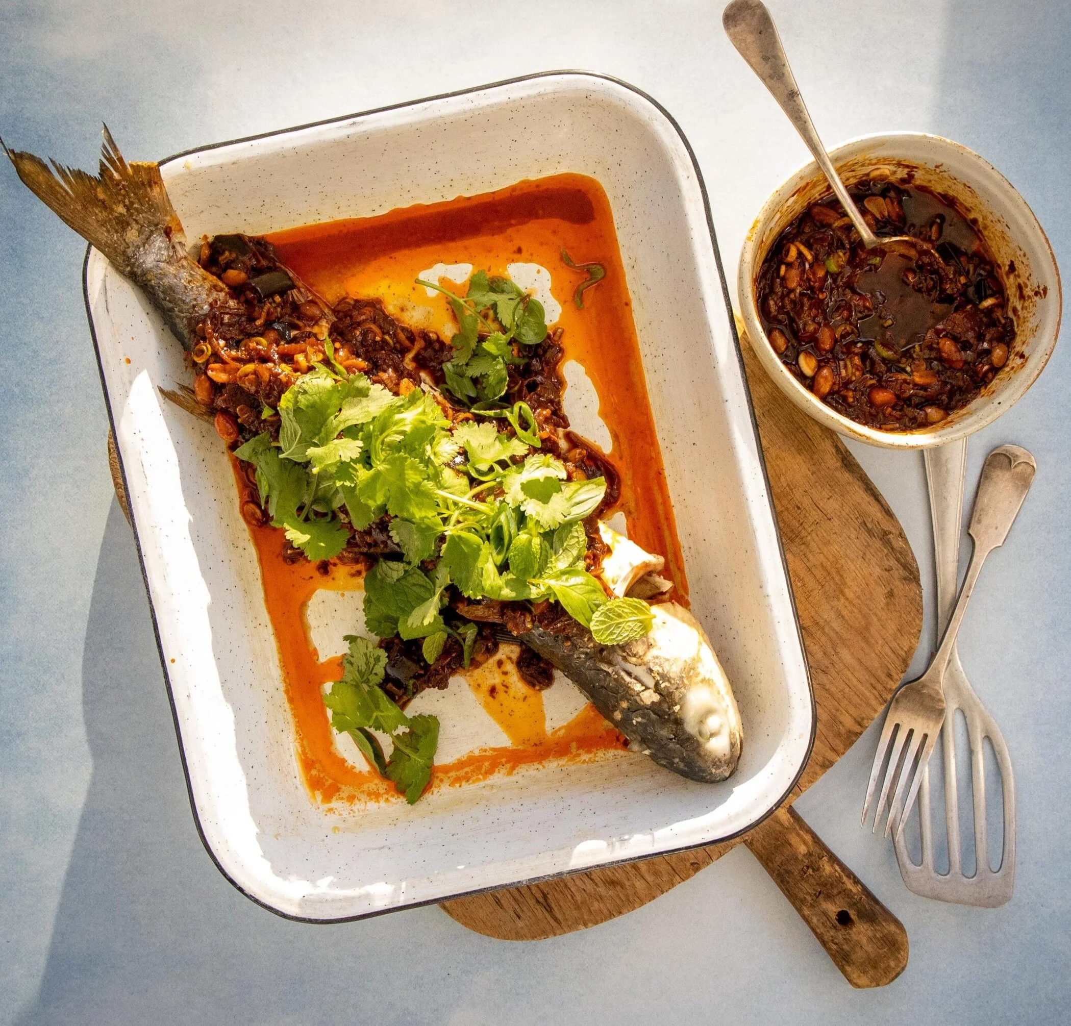 Grilled Mullet with Sichuan, Sweet &amp; Sour Eggplant &amp; Asian Herbs
