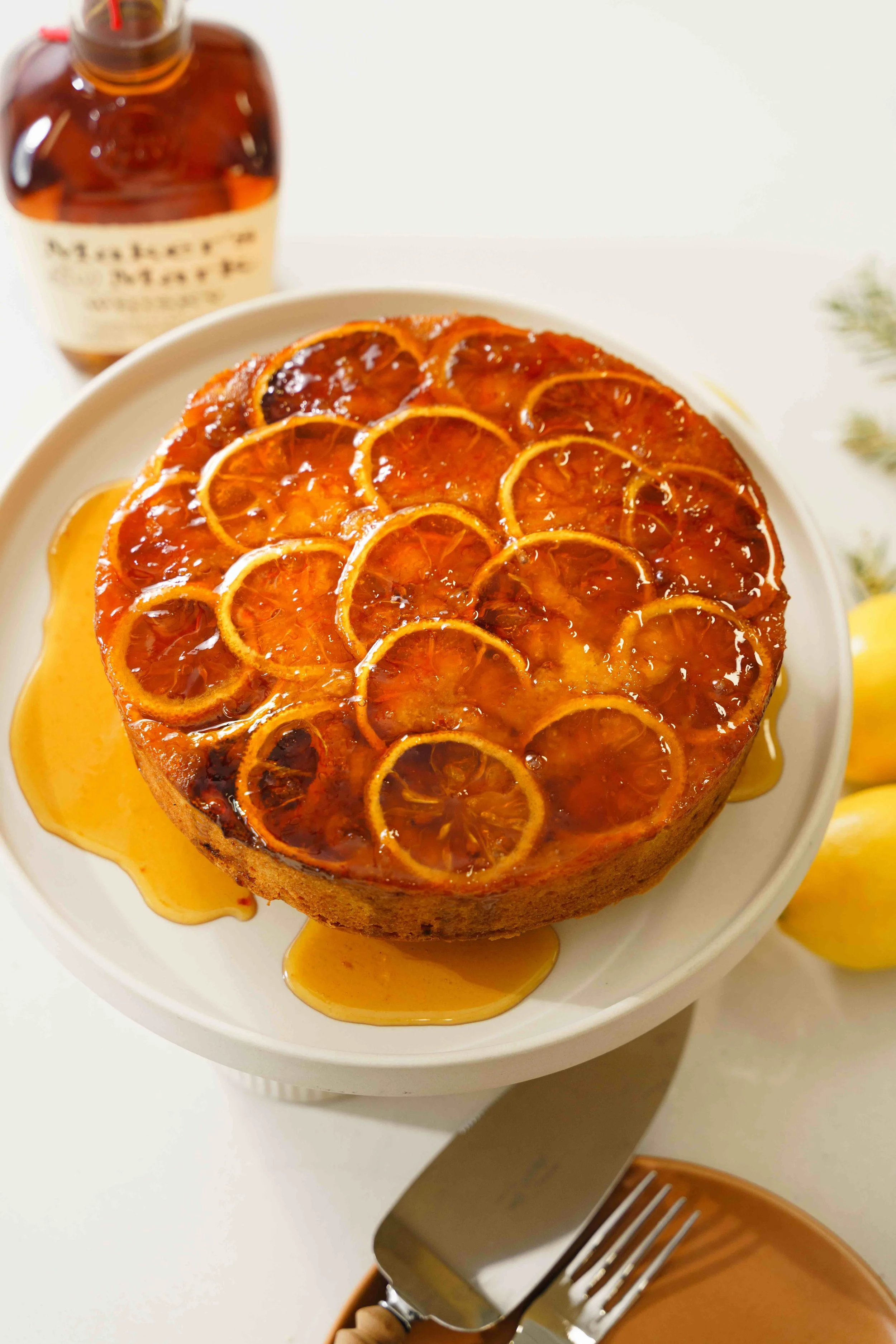 CANDIED LEMON UPSIDE DOWN CAKE W/ HONEY BOURBON SYRUP