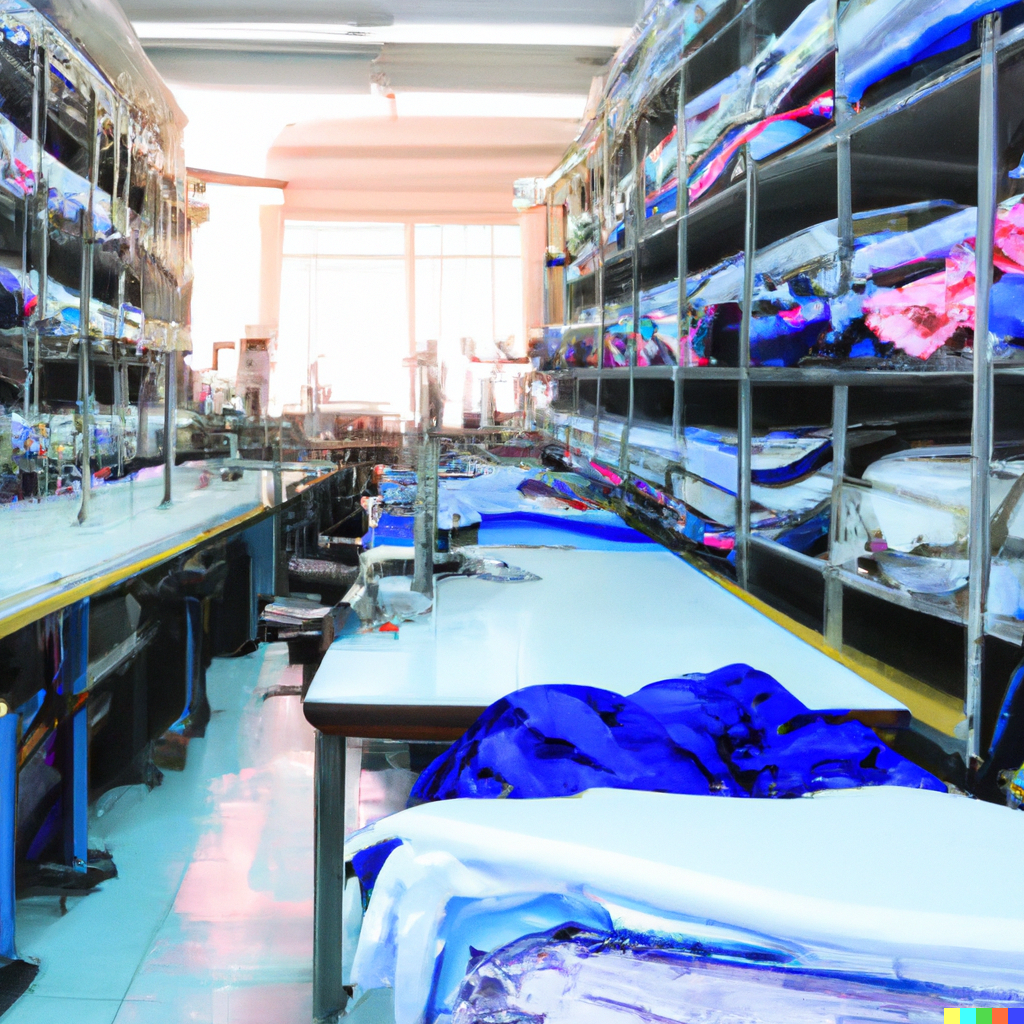 DALL·E 2023-03-02 11.59.44 - create a high quality crisp picture of an apparel manufacturers sample making and design room. Create more depth and activity .PNG