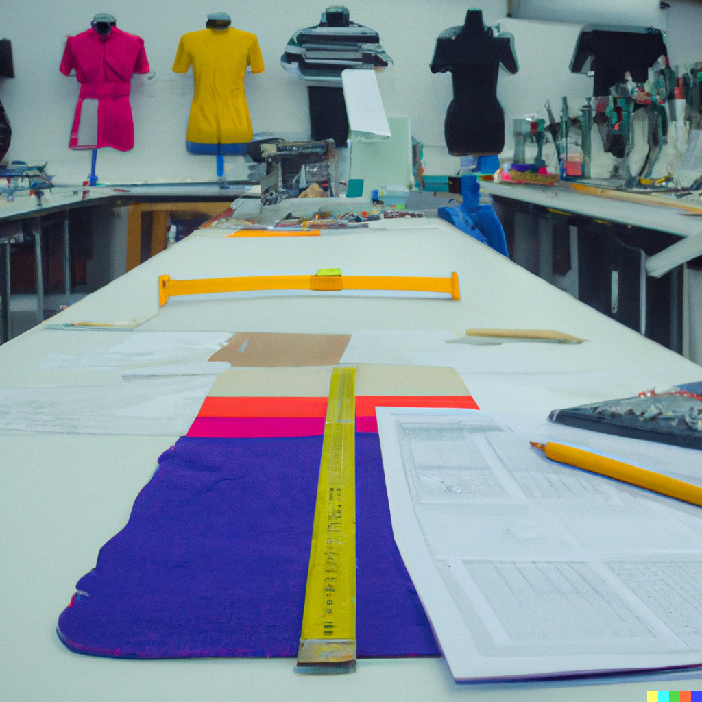 DALL·E 2023-03-02 12.00.38 - create a high quality crisp picture of an apparel manufacturers sample making and design room. Create more depth and activity. Please also include a f.PNG