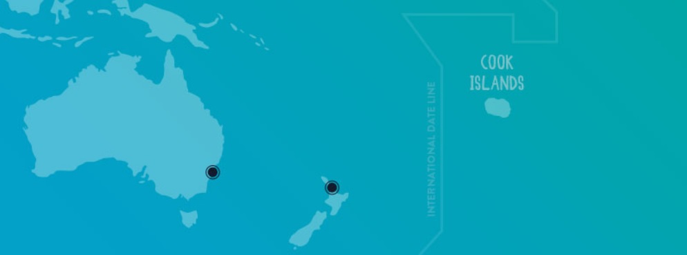 The Cook Islands are north east of New Zealand (that's New Zealand in the middle....the one which looks like a long white cloud. Australia on the far left). Photo credit https://www.cookislands.travel/