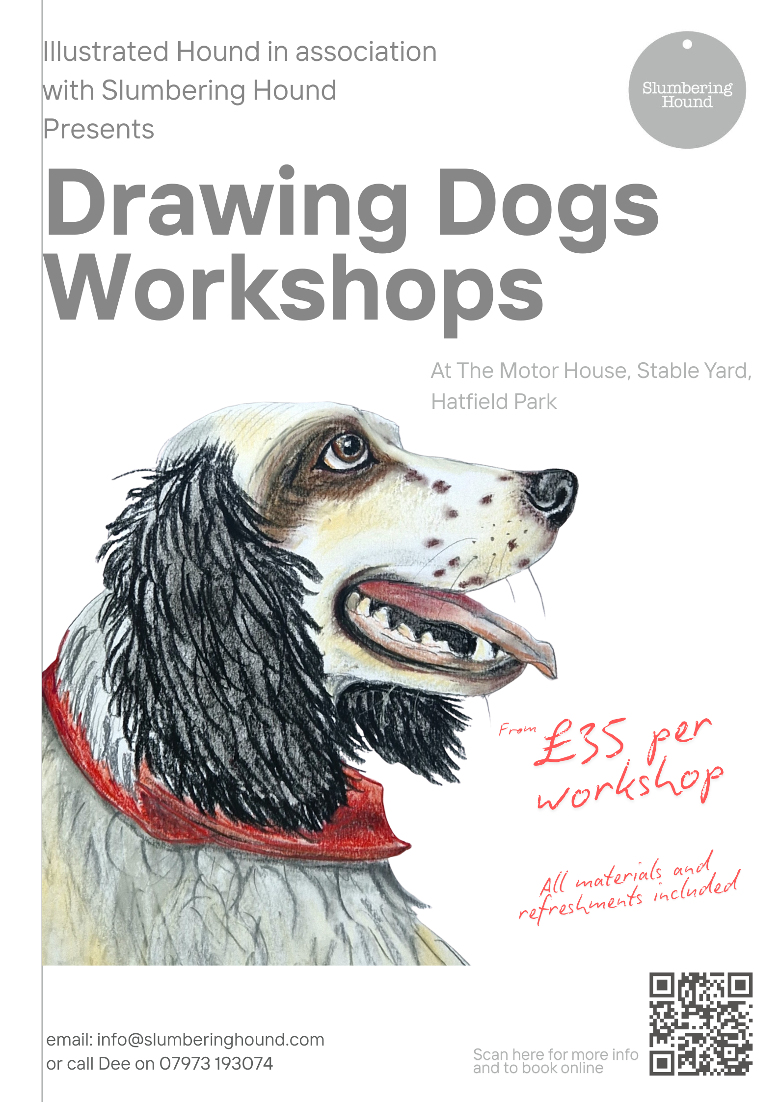 Drawing dogs workshop information poster with QR code featuring a Springer Spaniel