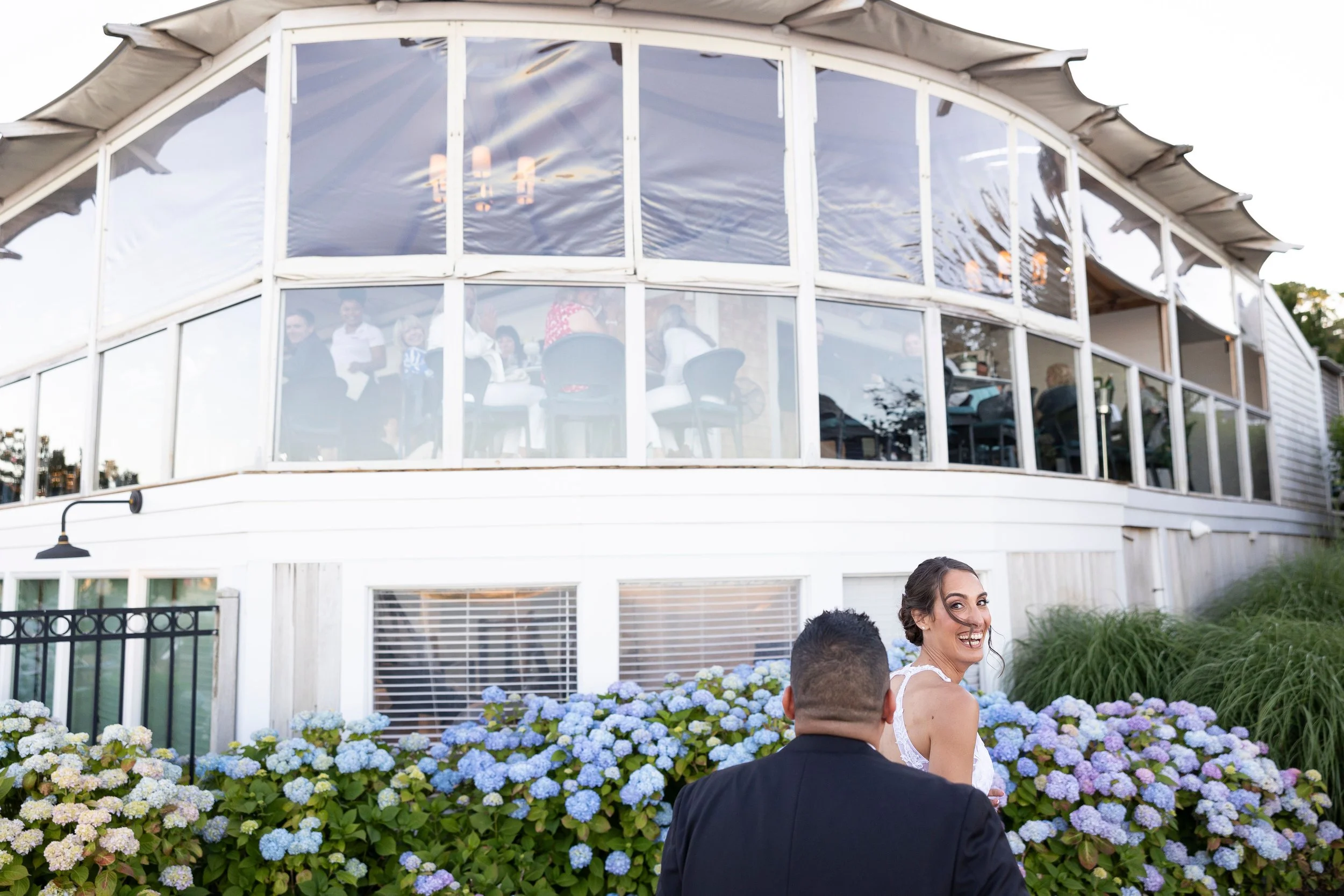 cape cod wedding wequassett wedding bride  groom candid hydrangeas