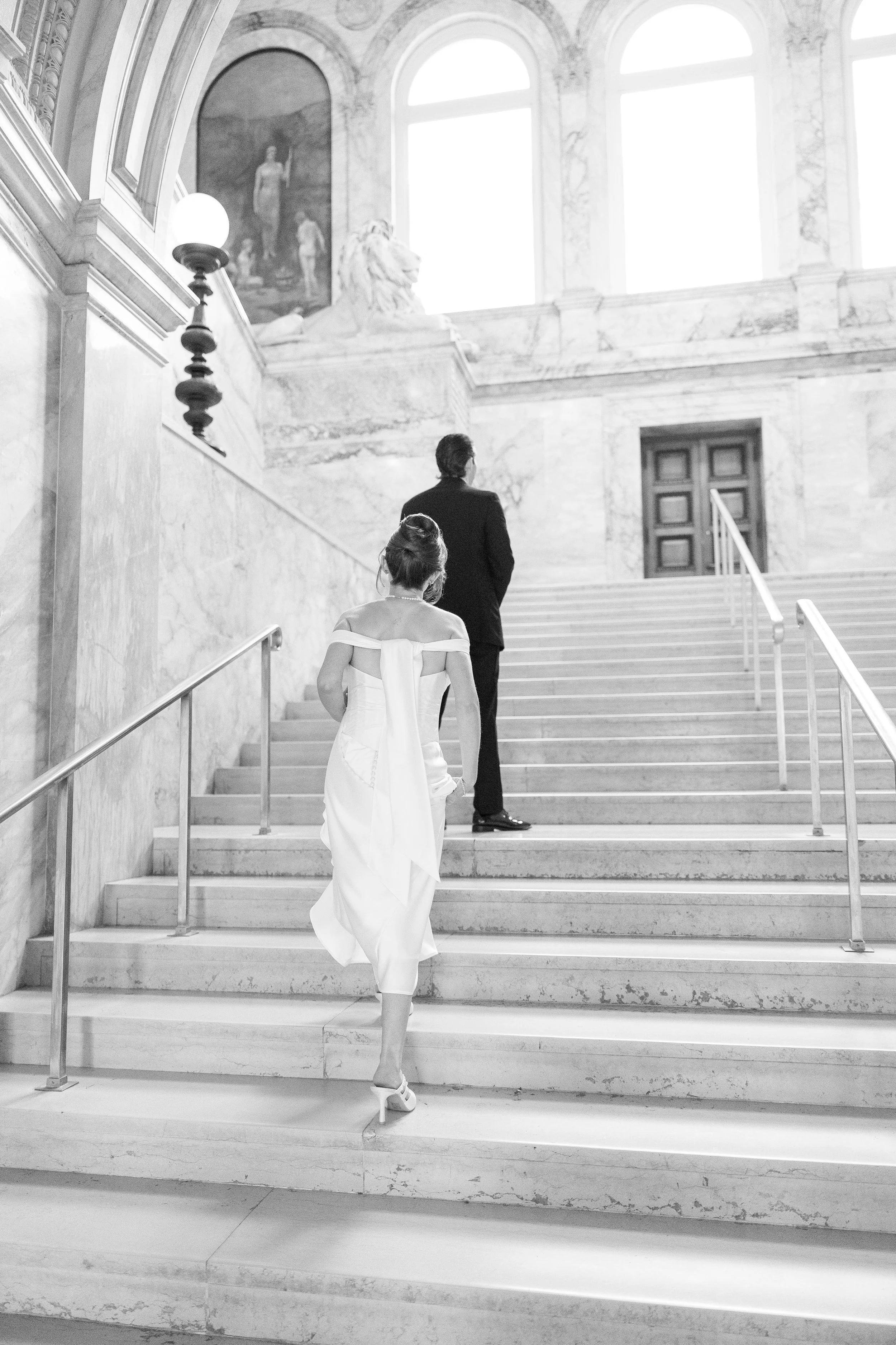 boston public library wedding bg first look staircase