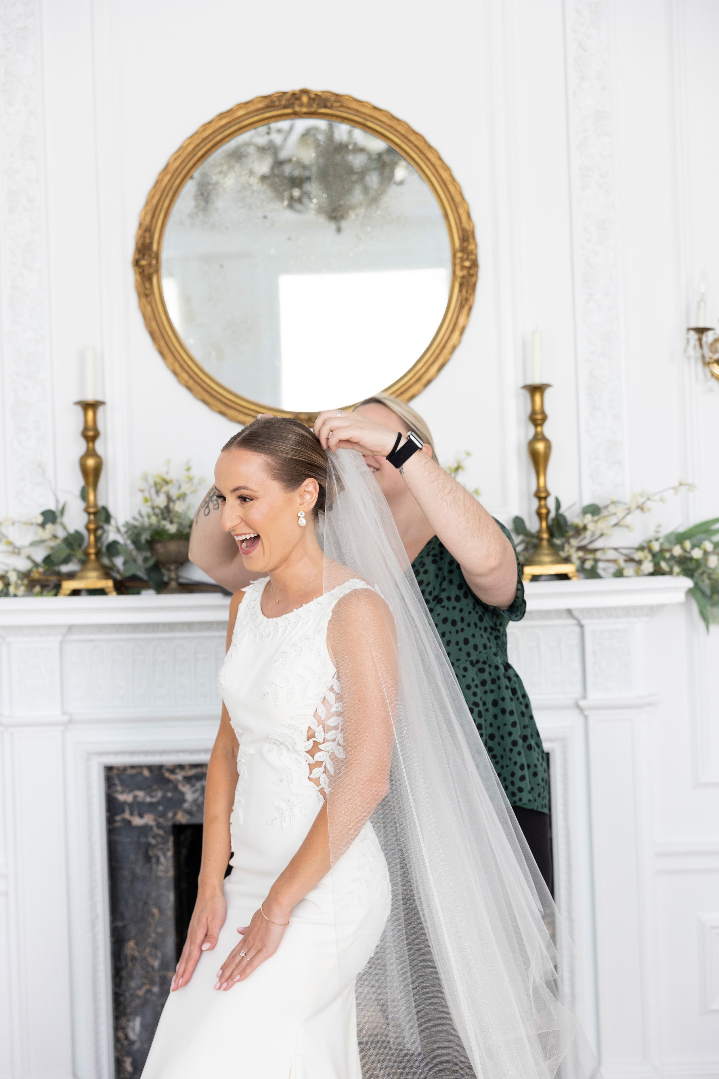 new hampshire wedding aldworth manor bride getting veil attached getting ready
