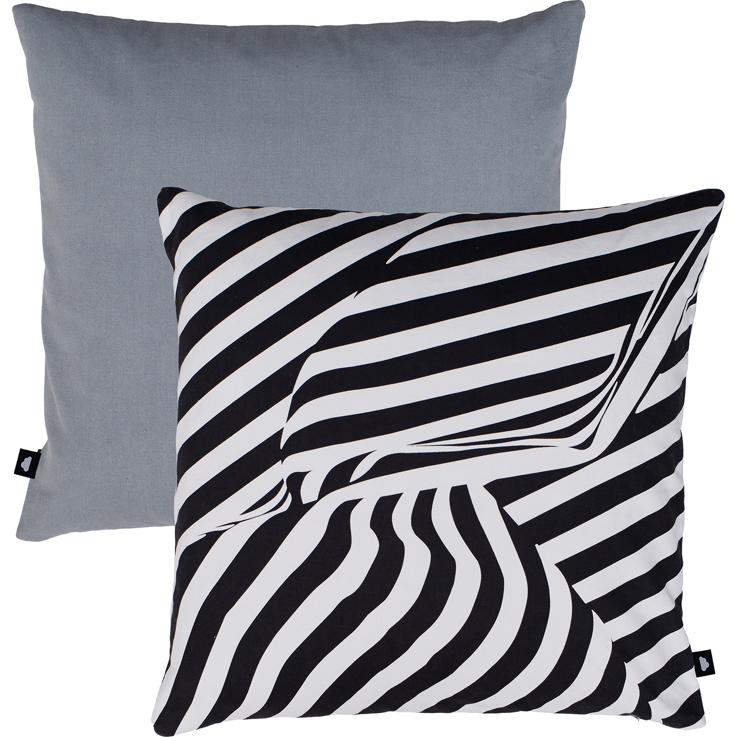 Monochrome striped cushion, showing the graphic crumpled piece of striped fabric, creating an optical illusion