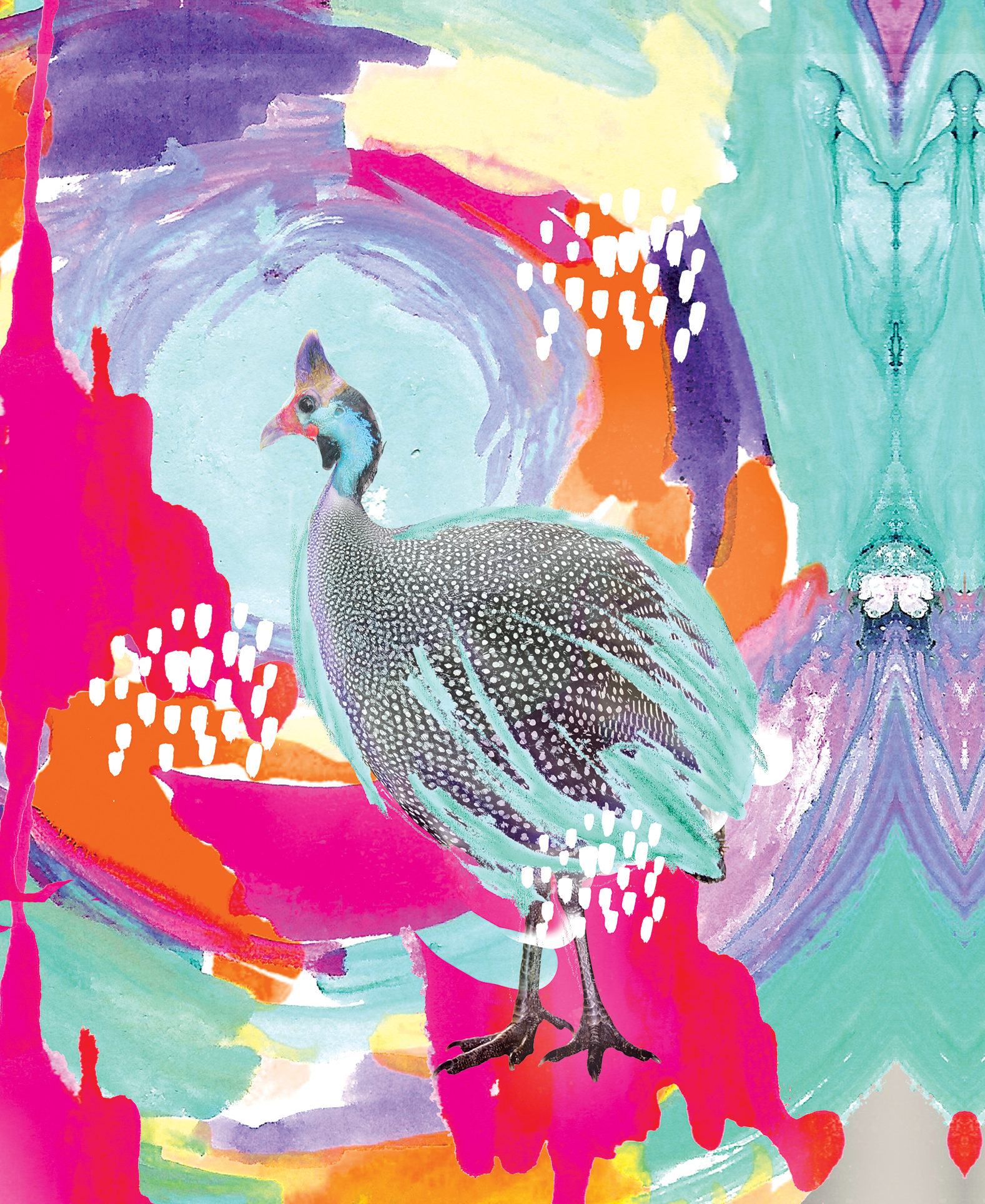 OPTIMISTIC GUINEA FOWL The name Kangarui combines the khanga—the most classic East African textile—and Rui’s name. But kanga is also the Swahili word for the guinea fowl, the white-dotted, blue-faced birds that roam in the Kenyan wild. This design, and the beautiful bird itself, embodies the rich spirit of Kangarui: multi-cultural, positive, and energetic.