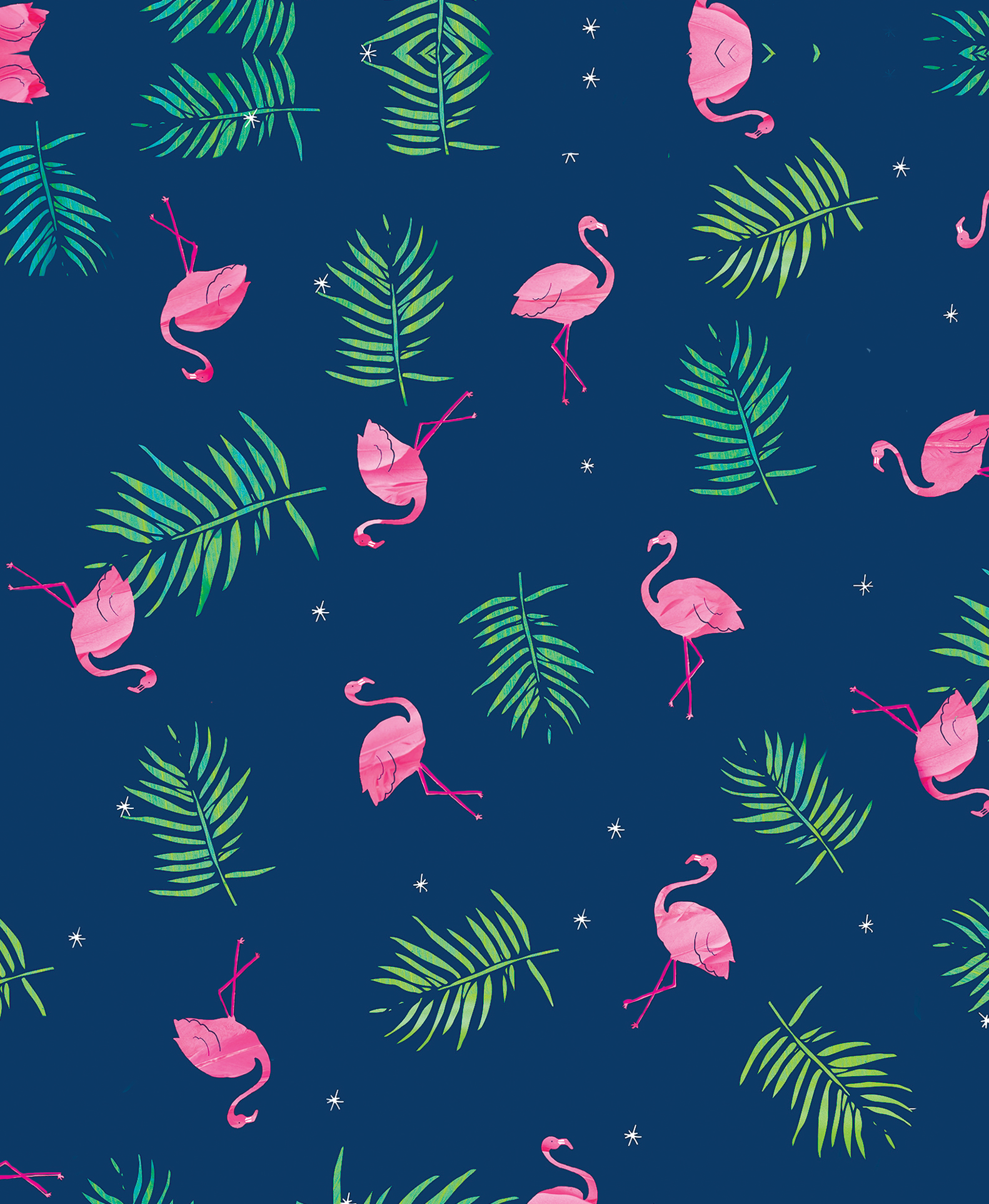 MIDNIGHT FLAMINGO Rui grew up in a house overlooking Lake Nakuru, where, from the living room window, she often watched thousands of flamingos color the lake pink. While, sadly, the number of birds has vastly decreased in the past couple of years, those pink flocks represent one of Rui’s favourite memories from her childhood. She revisits those windowside memories in this design, decoupaging hand-drawn flamingos using actual photographs of their pink feathers.