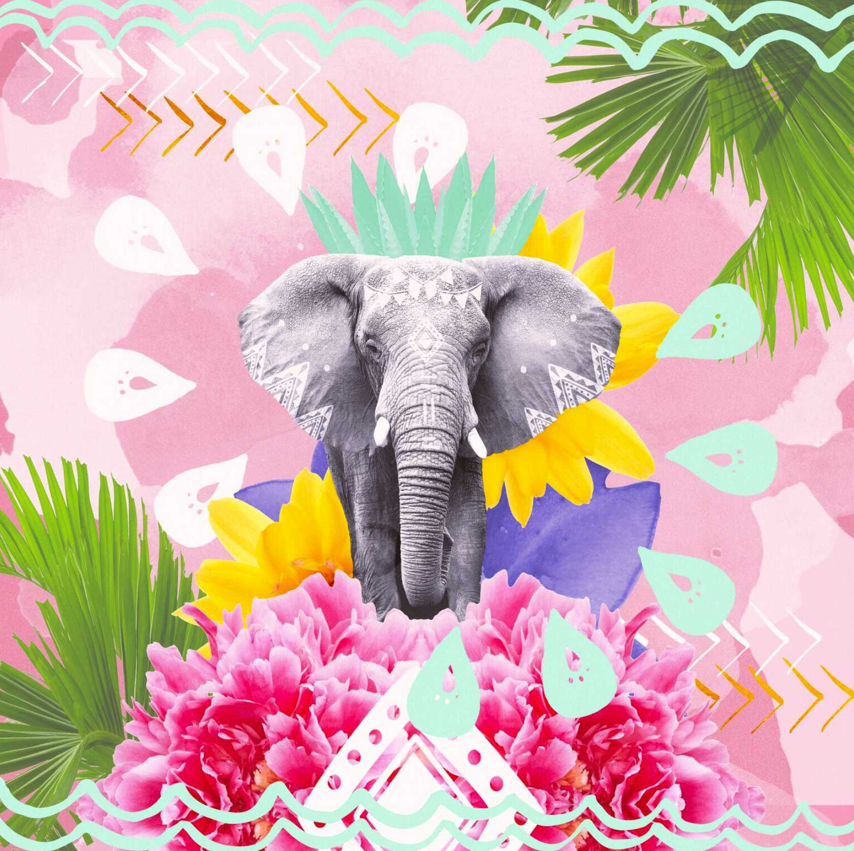 PROUD TEMBO We all know that elephants are powerful and majestic, but in this design, Rui plays with the cheerful, jestful sides of these Kings of the Savannah with a whimsical starburst of flora and symbols. Through visually dynamic elements, she considers the balance, even mutual respect, between this natural king and his kingdom.