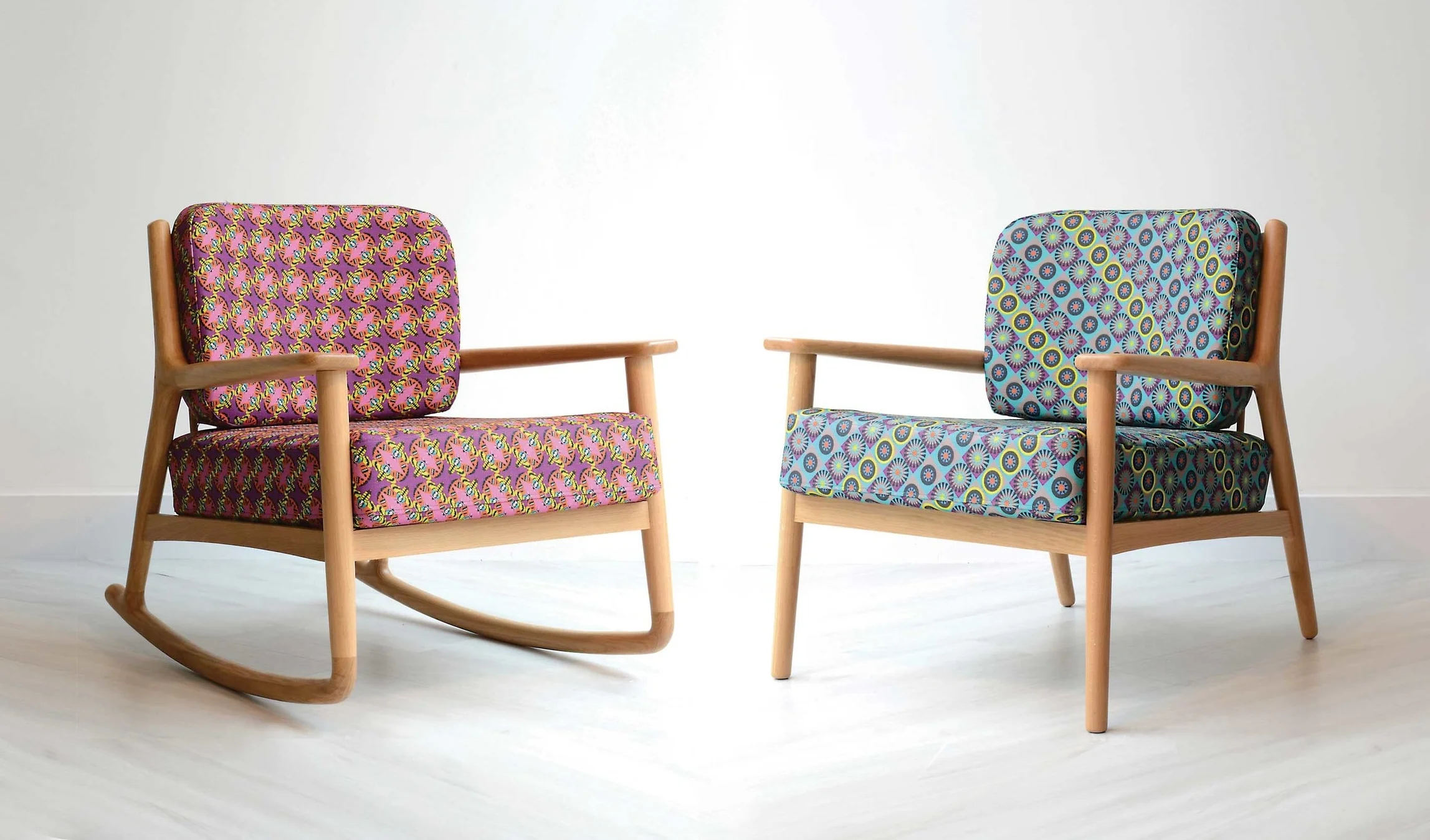 Noah rocker and chair upholstered in Betsy Burrows 008 and Greta Games 001