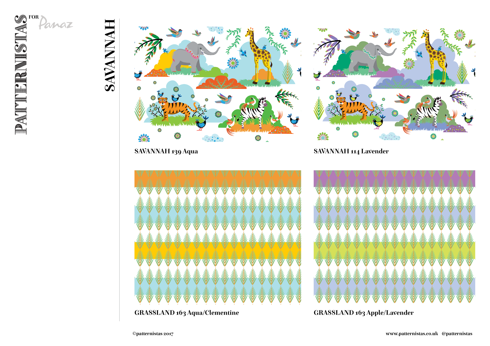 SAVANNAH collection overview showing two colourways and two matching GRASSLAND patterns.