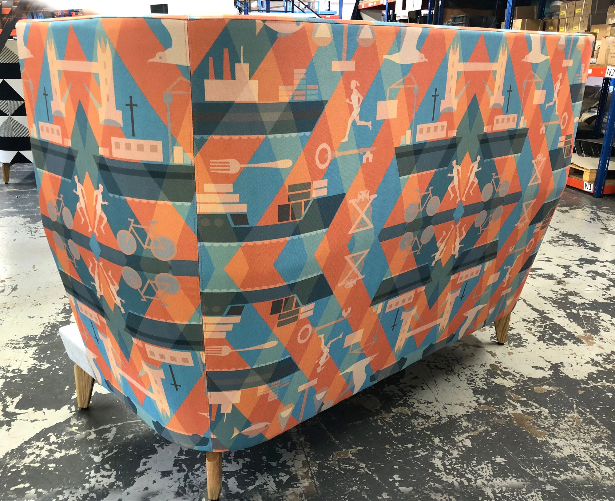 First upholstery test at Lyndon's factory on a high back booth. New fabrics will often have to go through rigorous testing with different manufacturers on various types of products
