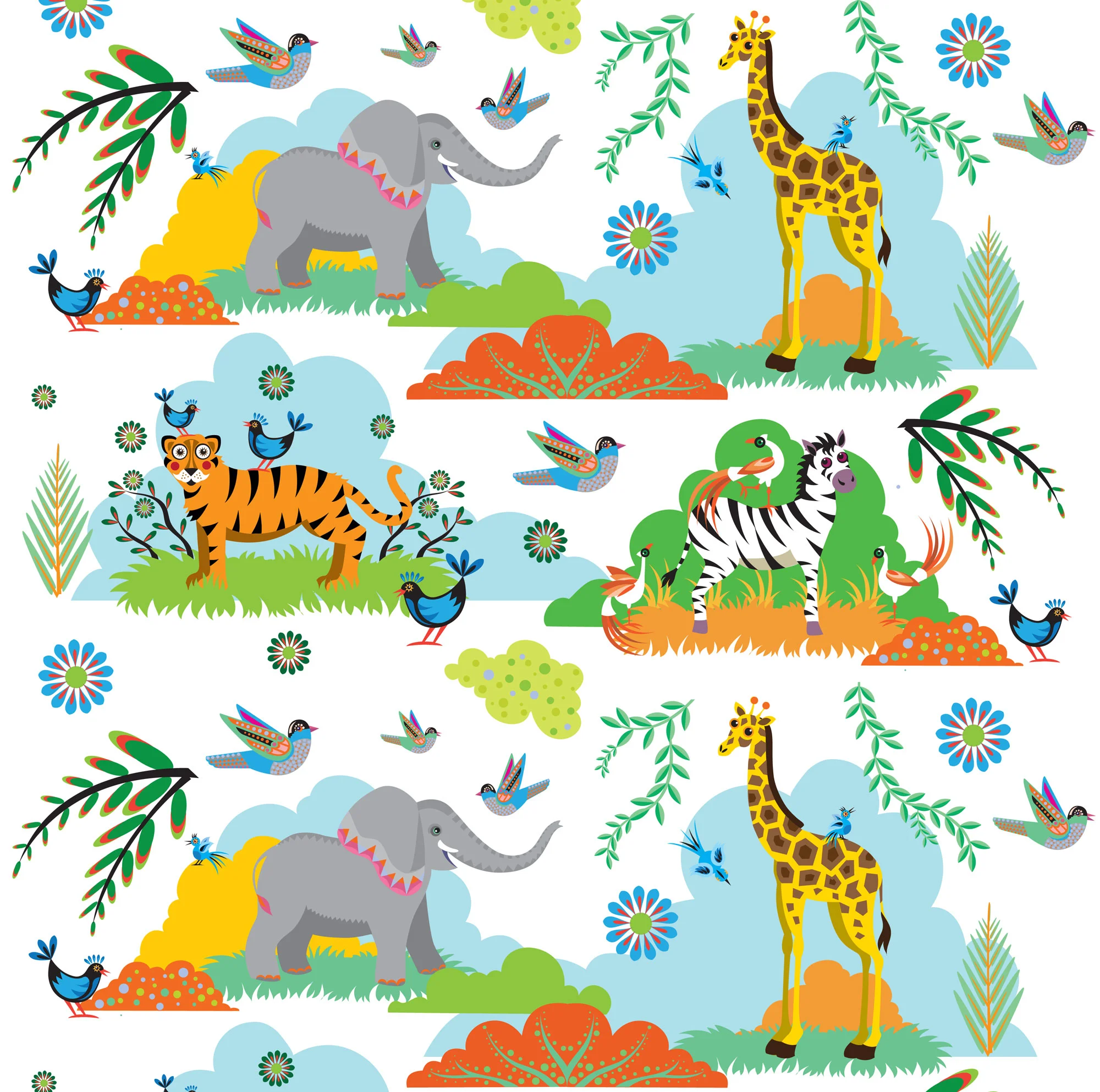 This is SAVANNAH 139 Aqua. SAVANNAH is our friendly, fun, animal-filled grassland pattern.