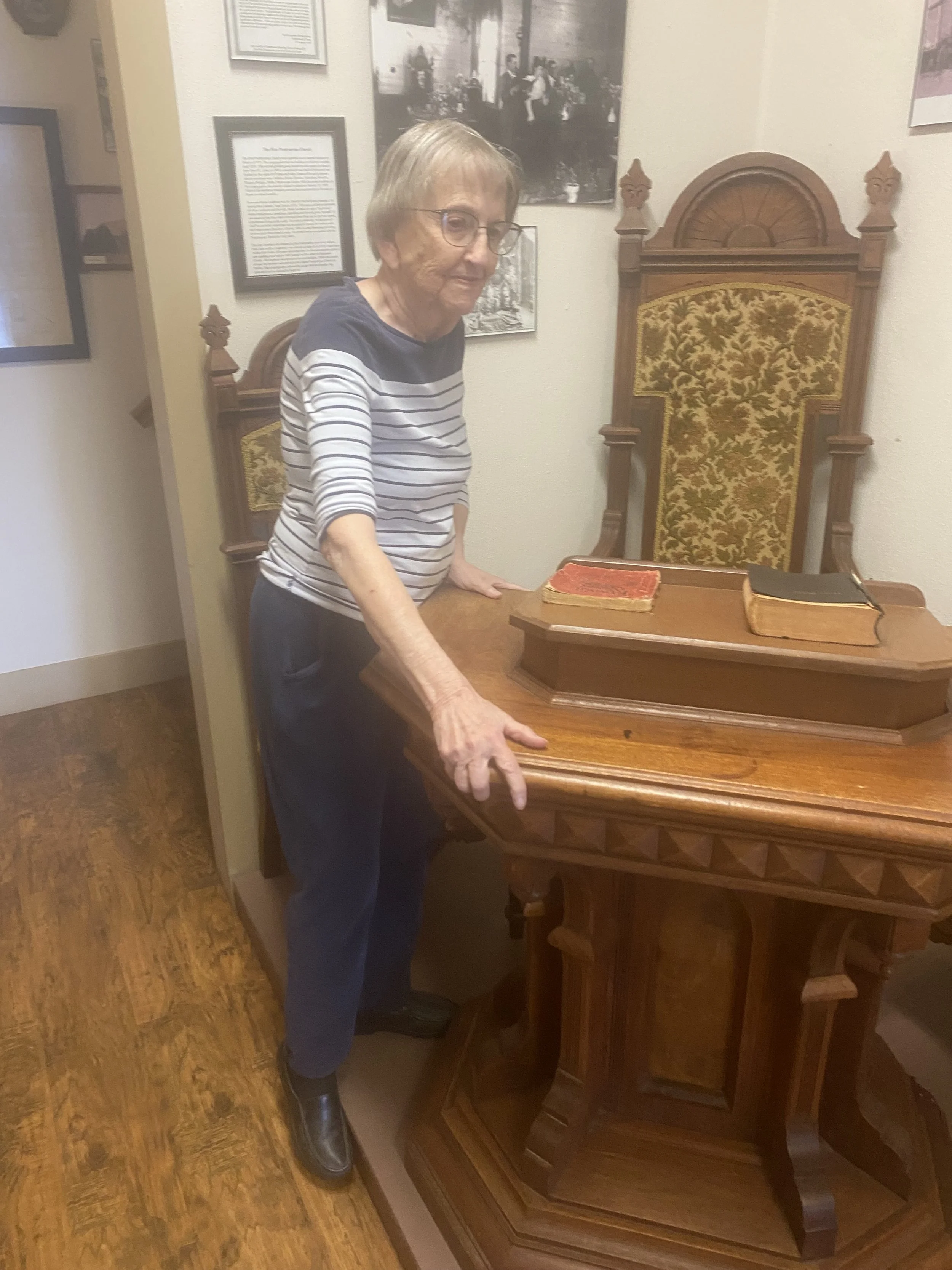 Lucie Meador Martin by Presbyterian Church Furniture brought to Saint Jo in 1878. Furniture was 100 years old at that time. 