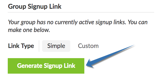 Your Group Management tab provides options to create either a simple or a group signup link.