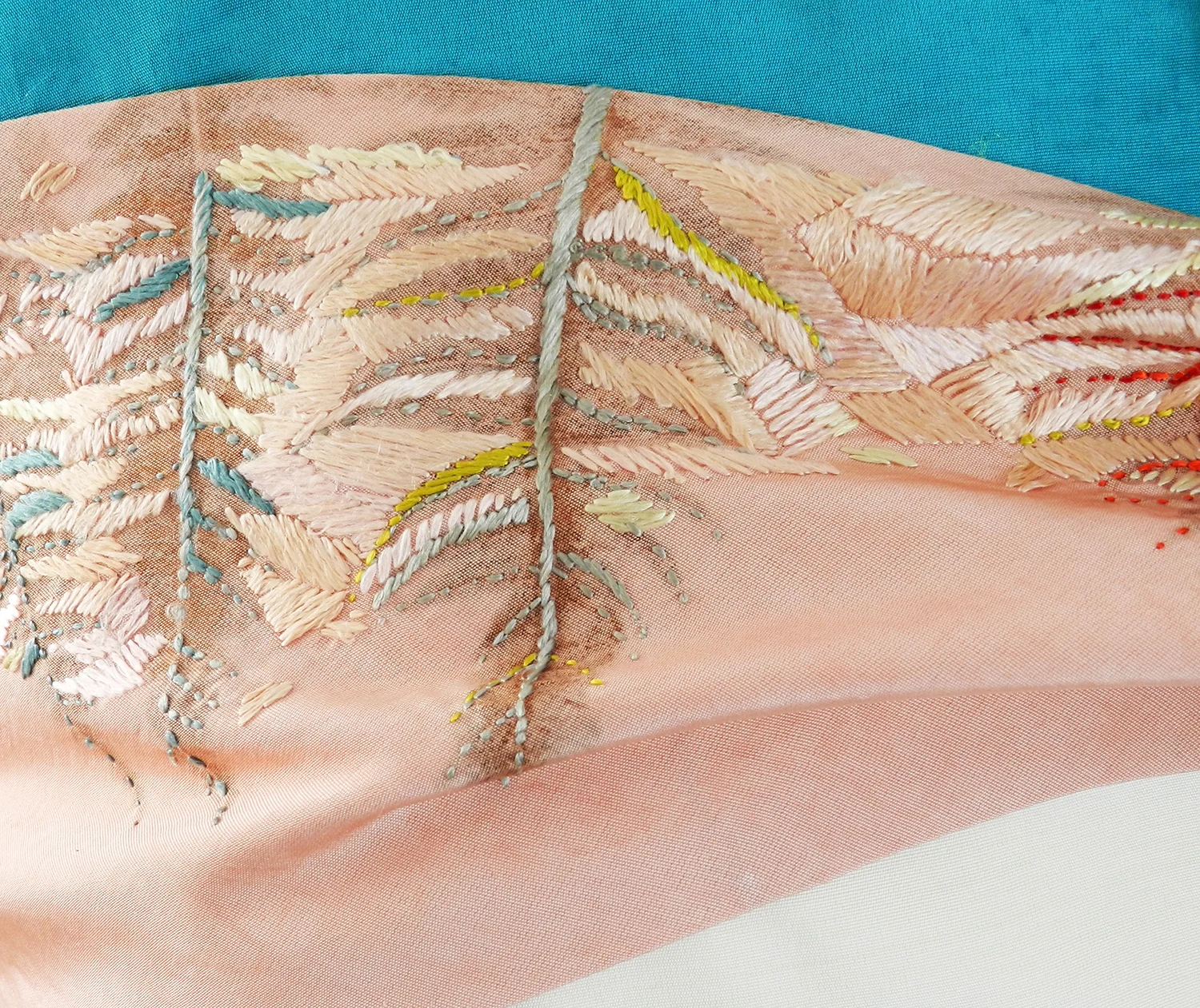 eccomi sash detail. Naturally dyed silk floss stitched onto eco printed fabric.