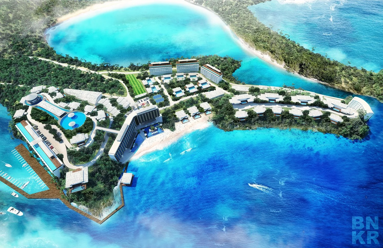Nuevo Proyecto BNKR: Desarrollo en Antigua Les compartimos una imagen de un nuevo proyecto que estamos en proceso de desarrollo en la isla de Antigua en el Caribe. Es nuestro primer encargo internacional y por lo mismo estamos muy emocionados. El proyecto es un desarrollo de Hotel, Residencias y Condominios en un sitio privilegiado en una punta en la parte norte de la isla con playa, acceso a una laguna y una marina. Mas información pronto