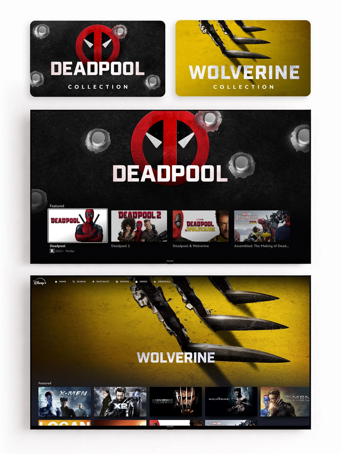   Deadpool &amp; Wolverine Collections   Franchise collection supporting the theatrical release of the highest-grossing R-rated film of all time. The challenge was tone — introducing an irreverent property into Disney+ without defanging it. I led the