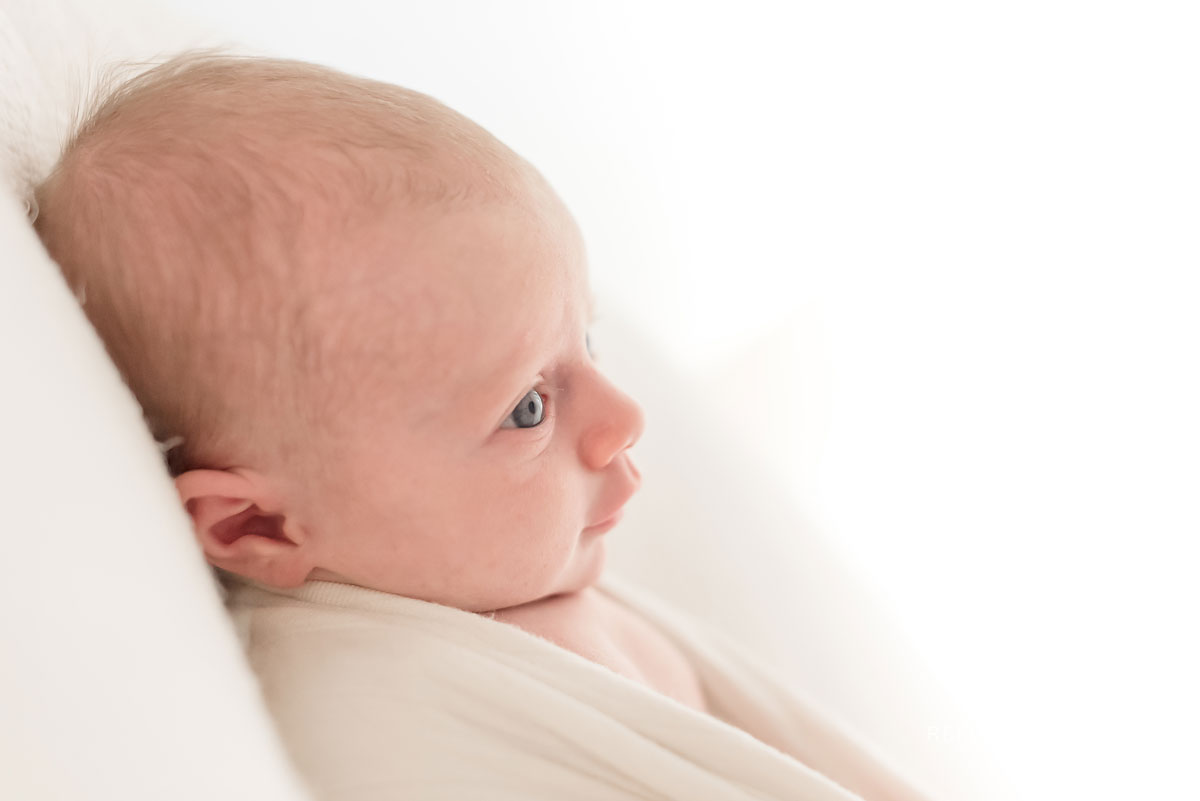 Newborn baby girl swaddled in white little unicorn blanket in natural light photo studio