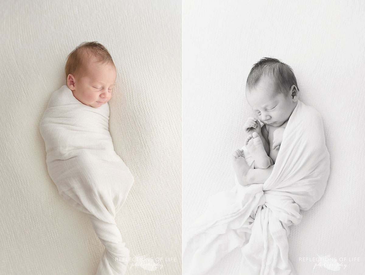 Niagara newborn baby photography of little boy swaddled in white