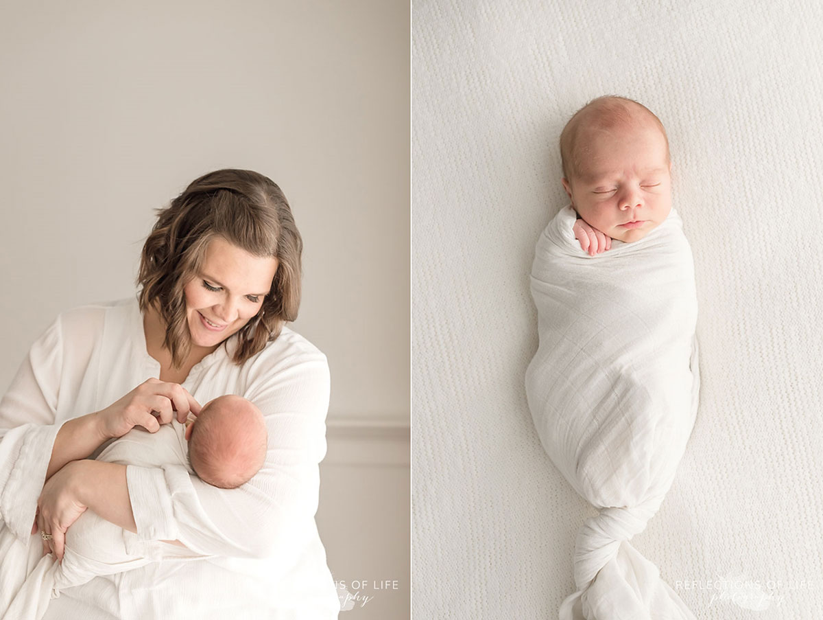 Collage of mother of two holding newborn baby boy and baby boy swaddled in white