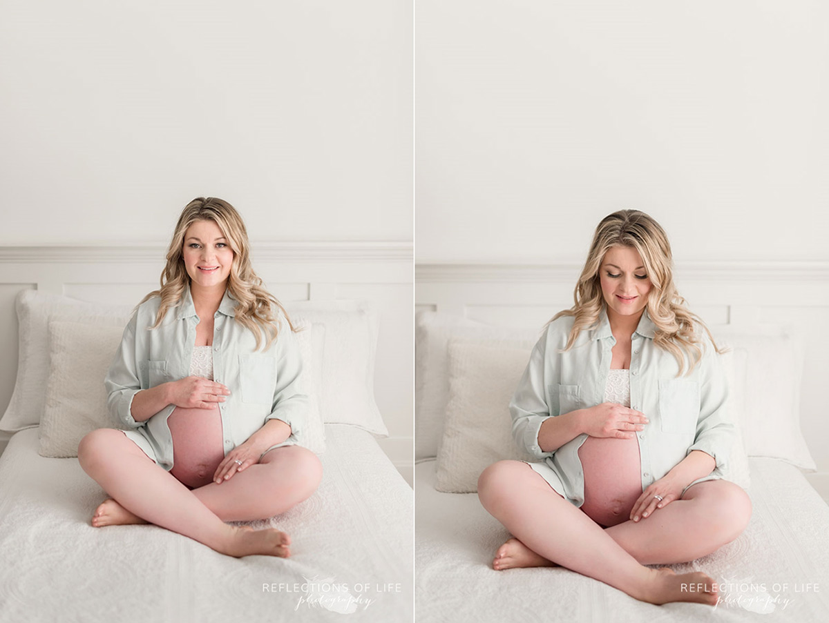 pregnant women wearing blue shirt sitting on a bed