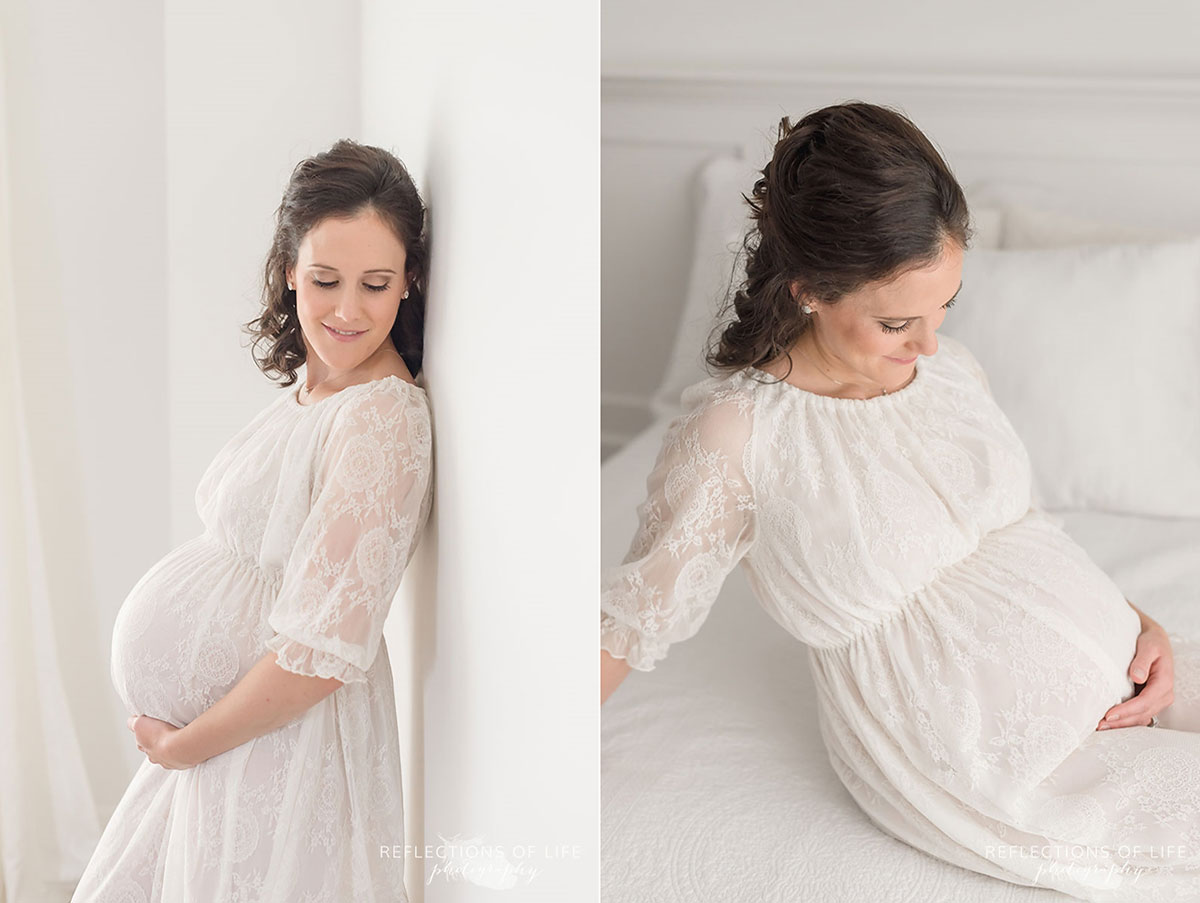 pregnant mom in beautiful lace gown