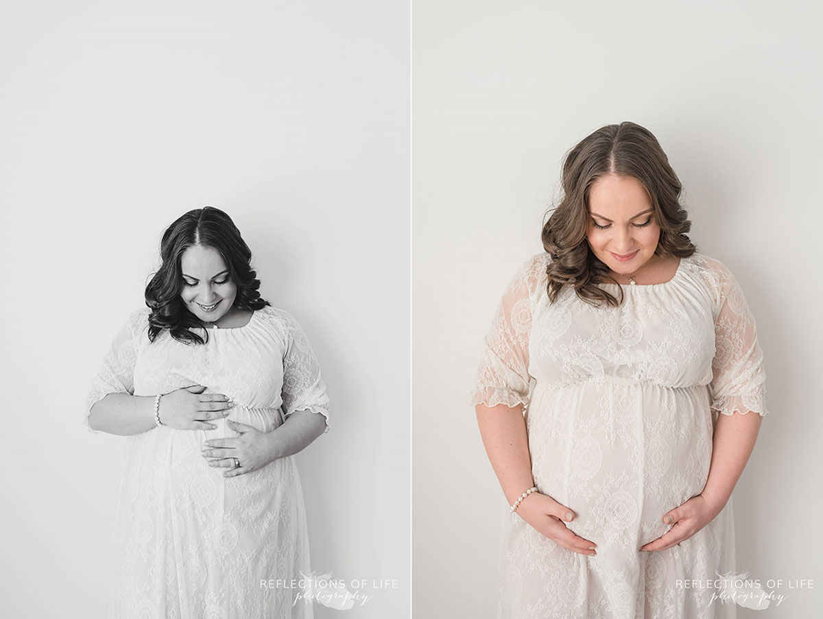 Pregnant mom in white lace dress