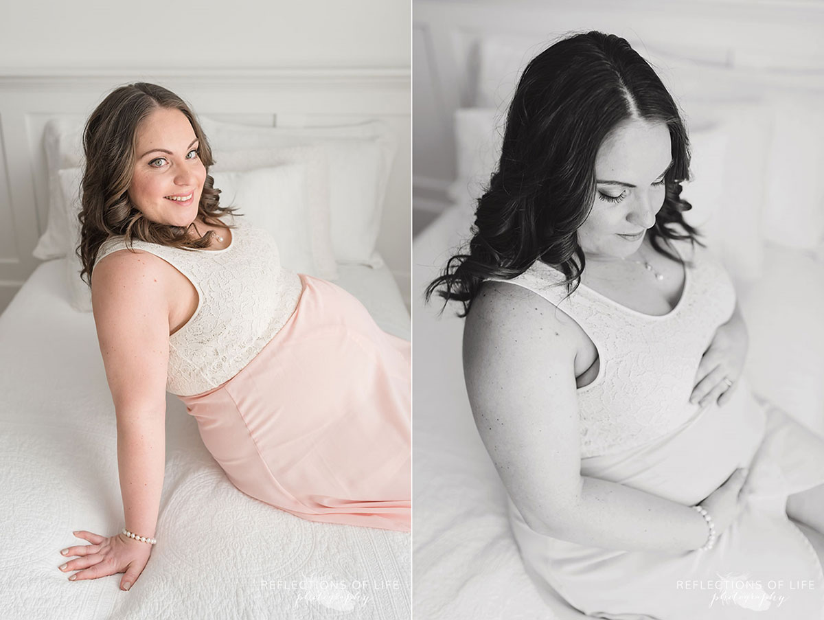 beautiful pregnant mom photo sitting on a bed in natural light setting