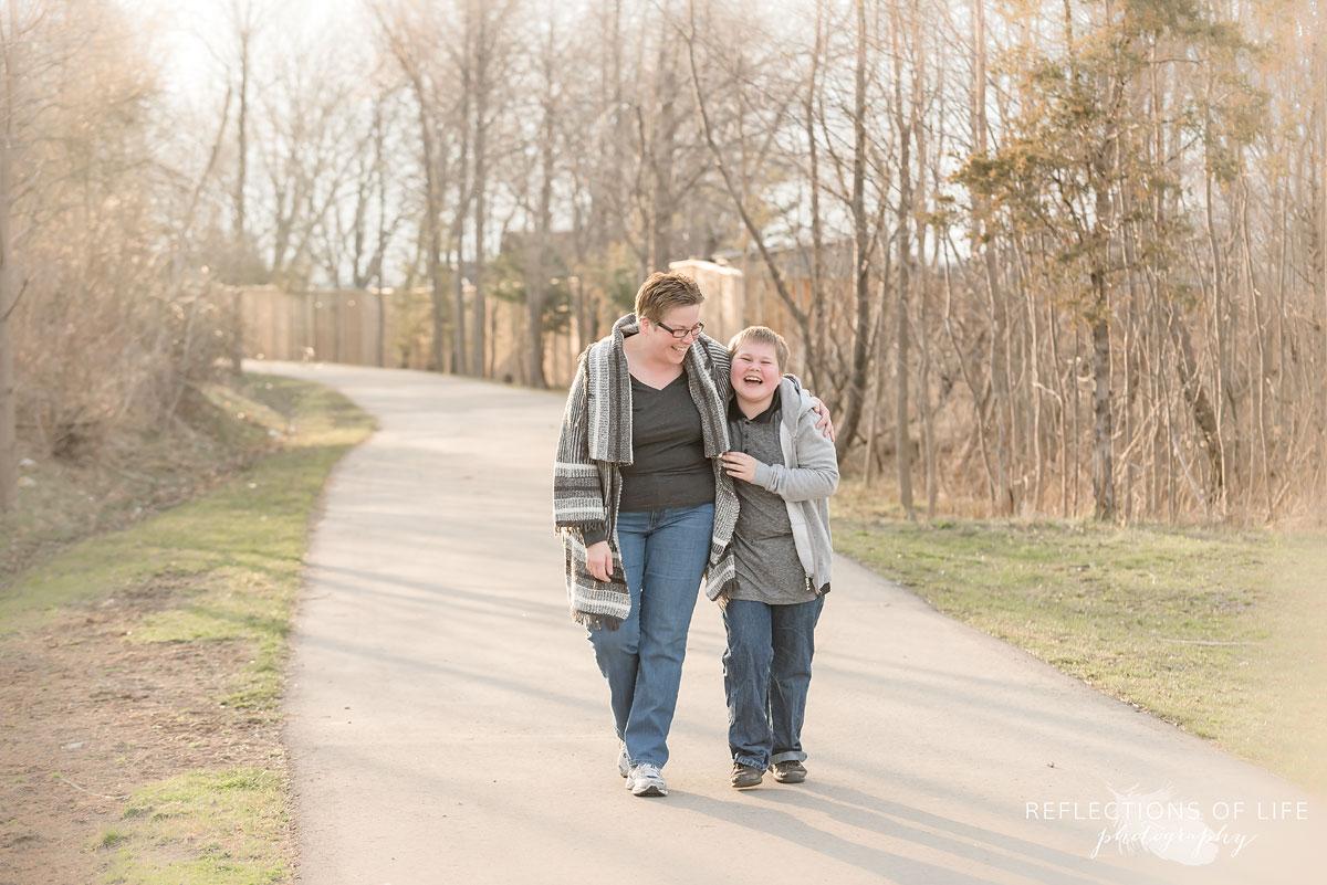 mother and son walking down a path in Grimsby Ontario Canada