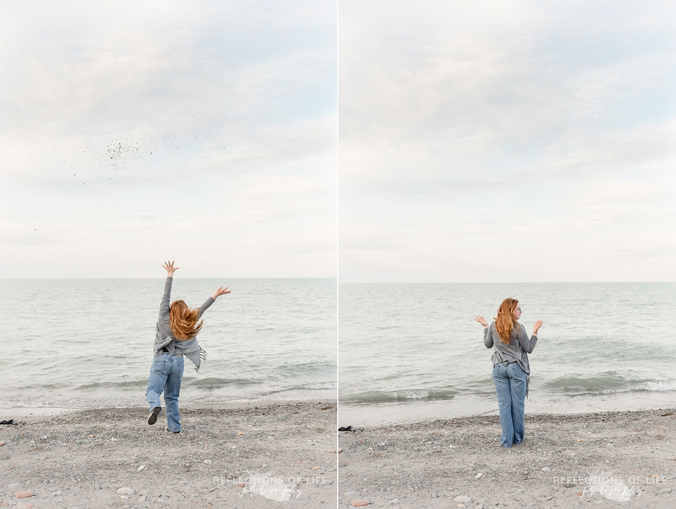 Redhead girl throwing rocks into grimsby beach