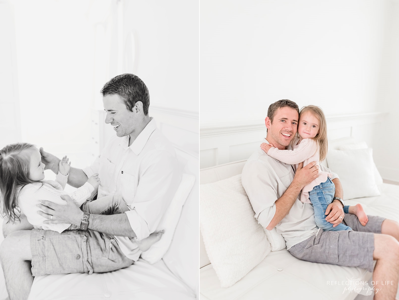 Father and daughter playing around on white couch