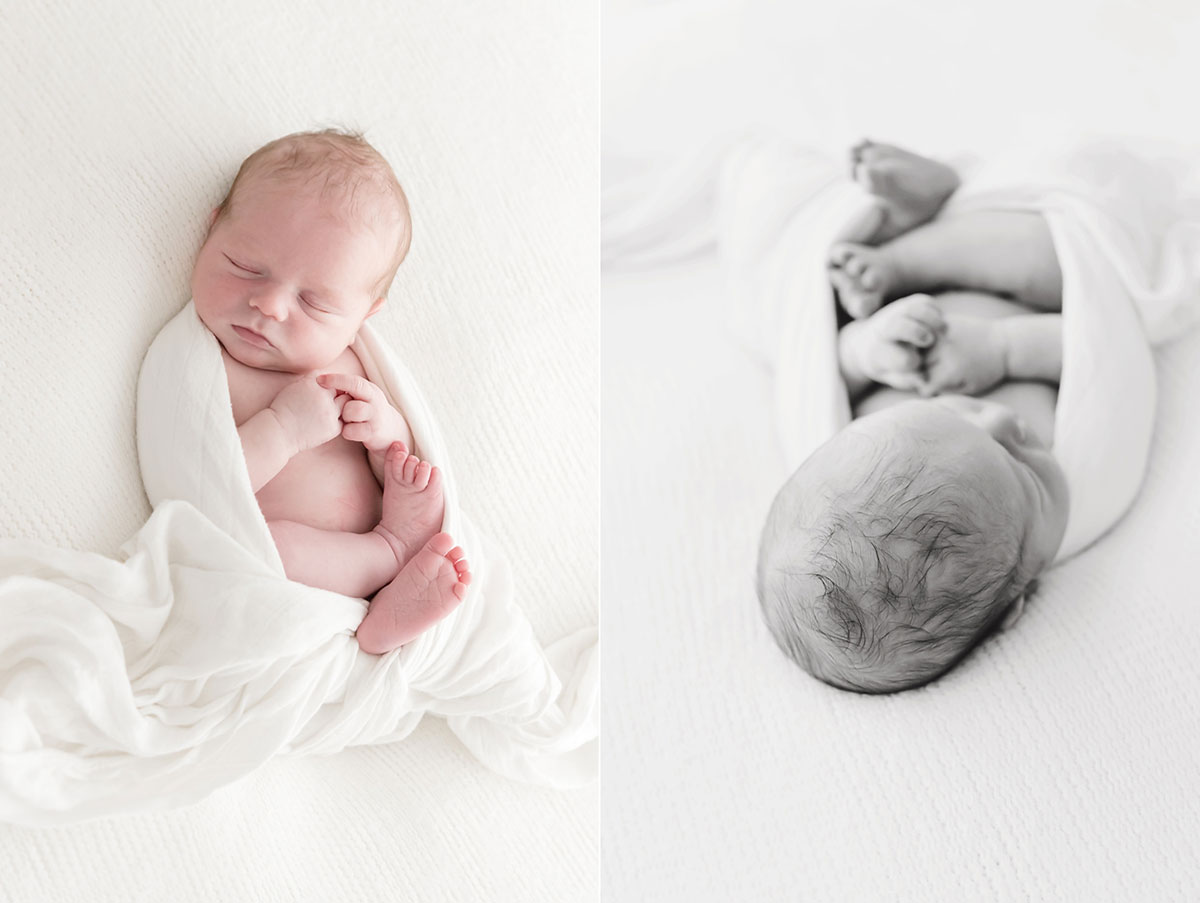 New born baby boy sleeping on white blanket in nautral light studio