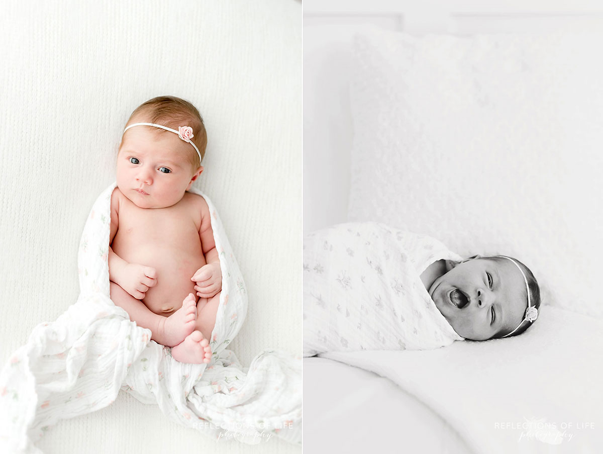 Baby girl yawning in white studio