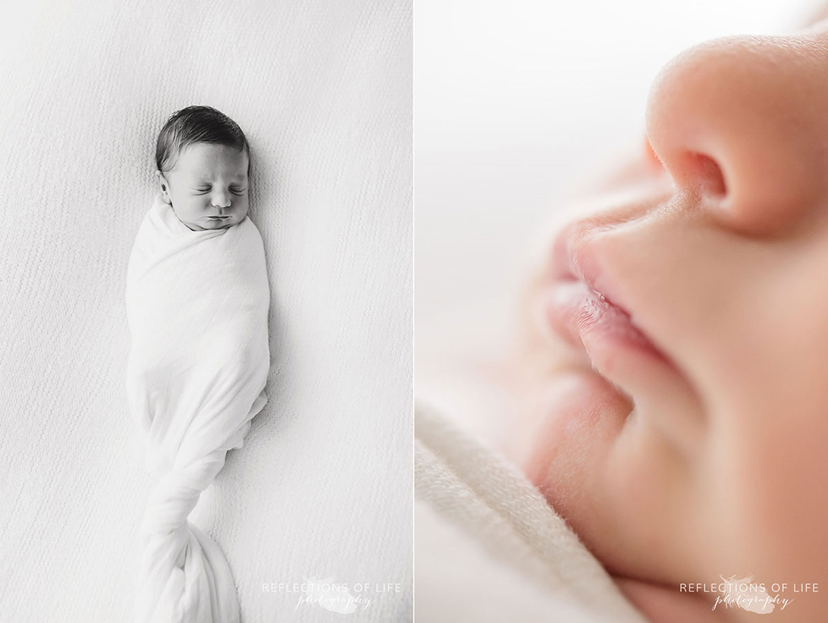newborn baby boy swaddled in white and baby lips
